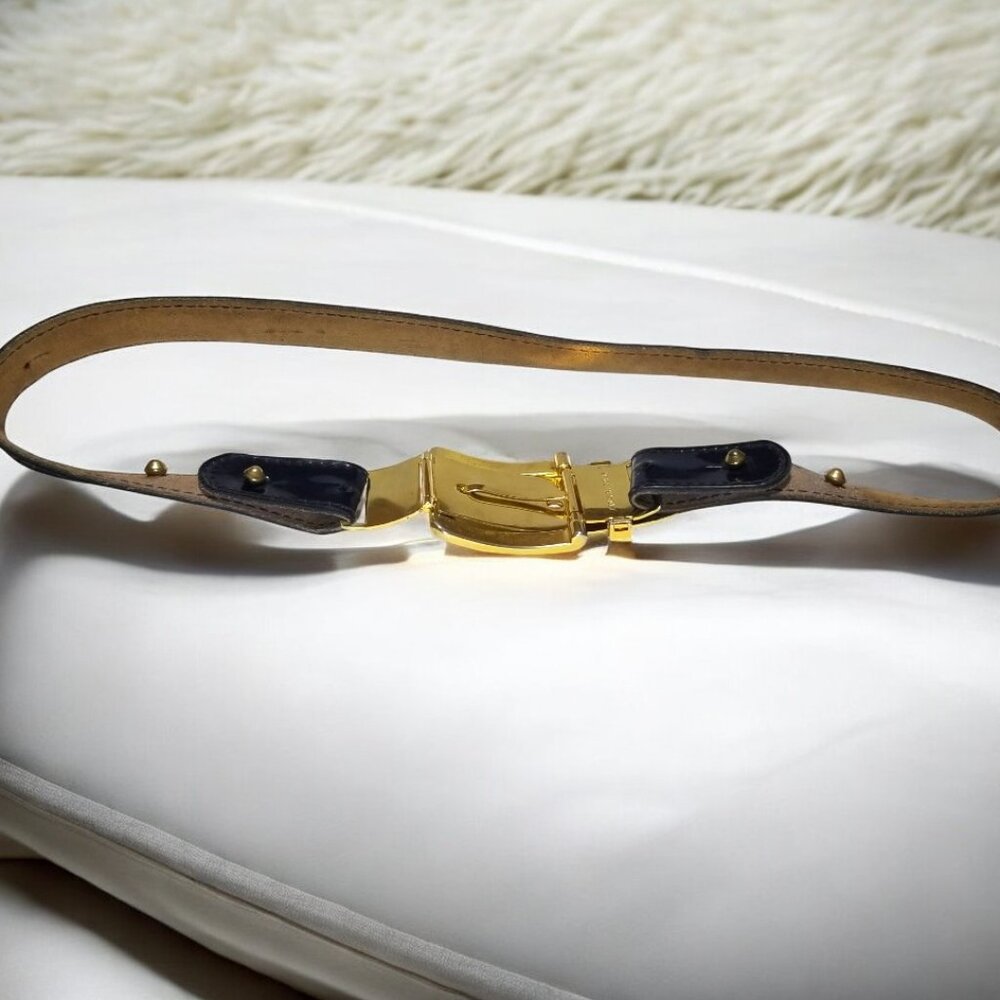 Rare Women’s Art Deco Belt Italian Retro Patent Leather in Blue w/a Gold Buckle - Picture 9 of 13